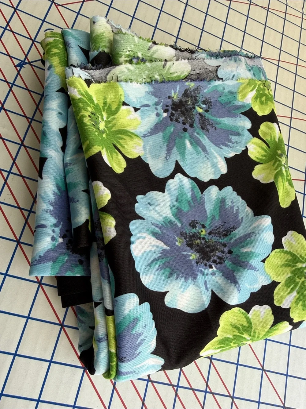 Vintage 1990s Floral Fabric 3 Yards 54” Drapey Blue Green Black Dress Fabric